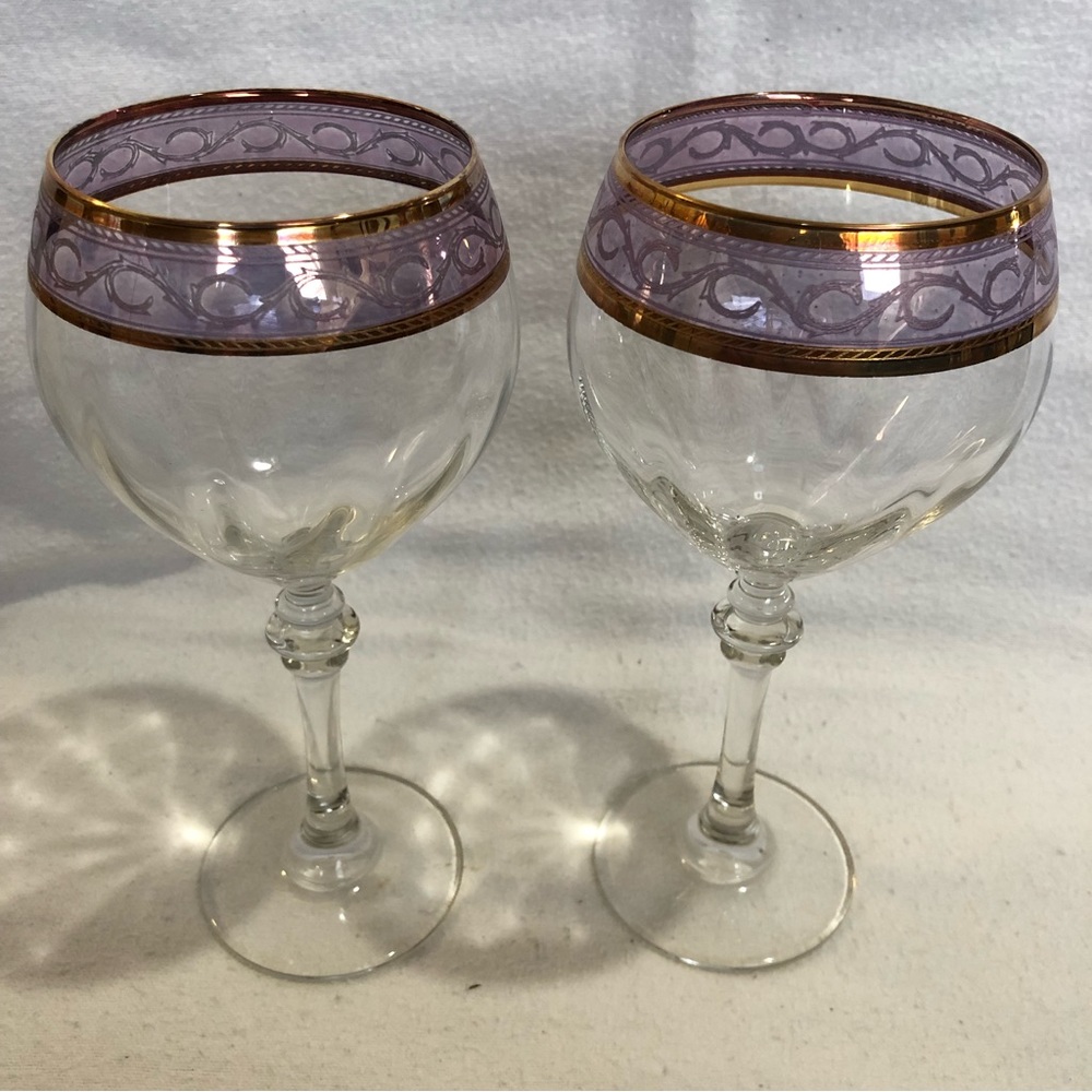 2 Vintage Cristalleria Fratelli Fumo Wine Glasses/ Goblets with Gold Gilt Trim.